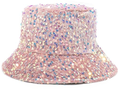 MESU Frauen Pailletten Eimer Hut Glänzende Bling Glitter Sonnenmüte Rosa