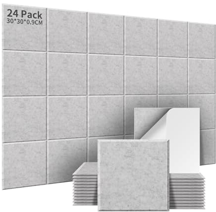 AsmeSonic 24 Bit Akustikpaneler Självhäftande, Akustikpaneler Ljudabsorberande Hög Densitet, Akustisk Behandling och Väggdekoration för Inspelningsstudio, Gaming Dekor Studio, 30x30x0.9cm, Silvergrå