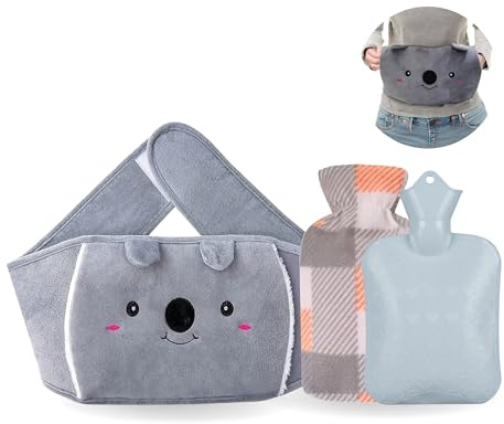 Straame 1L Wearable Hot Water Bottle Belt, Koala Plush Cover, Blue Bottle | Natural rubber bottle, 165cm wrap, washable cover and hand pockets for hot/cold comfort on stomach, back, neck, and shoulders