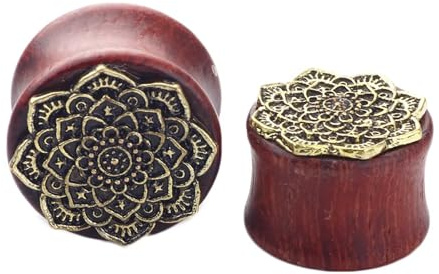 BWDHJLEY Ohr Tunnel Dehner Set, Tunnel Plug Piercing Rotbraun Vintage Mandala Muster Holz + Edelstahl 2 Stück