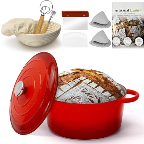 LEADKooKers Gusseisen Topf Brot Backen [inkl. Gärkorb], 26cm Emaille Bräter mit Deckel Schmortopf Gusseisen, Brot Backen Zubehör Rot