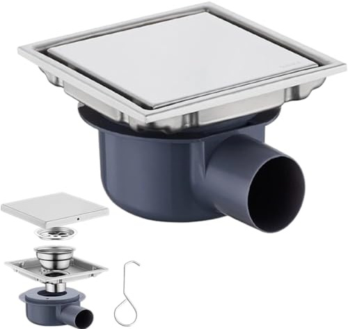 Canaletta per Doccia con Scarico a Pavimento Quadrato in Acciaio Inox con Sifone Antiodore a 360°, 2 in 1 Canaletta di Scarico per Doccia Piastrellabile, 15x15cm Scarico a Pavimento (Piatto)