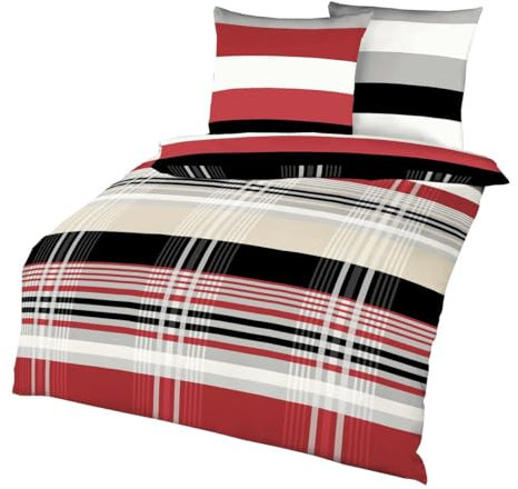 Kaeppel Soft Flannelette Bed Linen Set Red Prime Time Black/White Stripes, Beaver, multicoloured, 240x220cm Bettwäsche