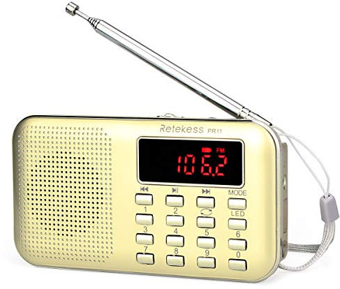 Retekess PR11 Radio Portatile, AM FM Tascabile Radio con Altoparlante Lettore MP3 Supporta Disco USB e Scheda TF con Torcia di Emergenza (Oro)