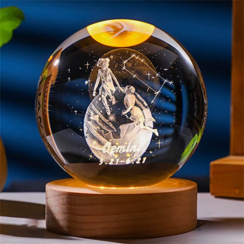 Laser Gravé Signe du Zodiaque Cristal Balle Miniature 3D Cristal Artisanat Décoration en Verre Sphère Décoration de La Maison Accessoires Cadeau (Gemini, 2.36 inches)