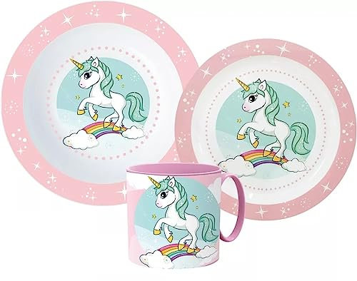 Palleon Ensemble de vaisselle licorne pour enfant - Assiette, bol à céréales et tasse | Sans BPA, réutilisable et passe au micro-ondes | Parfait pour les filles et les garçons