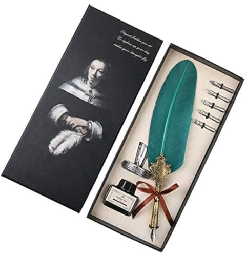 Feder mit Tinte, Schreibfeder Antike Kalligraphie Feder Handgemachte Feder und Tinte Set Tintenfass Einladungskarten Feder Schreiben mit Geschenkbox & 5 Federn