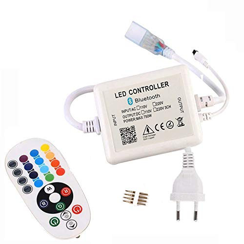 FOLGEMIR 230V Bluetooth Netzteil Trafo für 5050 RGB LED Band mit 24 Tasten IR Fernbedienung, Musik/Mikrofon/Timer Schalter (OHNE Beleuchtung)