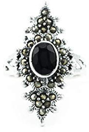 WINDALF Langer Markasit Ring ASKA 27 mm Schwarzer Kristall Boho Schmuck 925 Sterlingsilber (Silber, 56 (17.8))