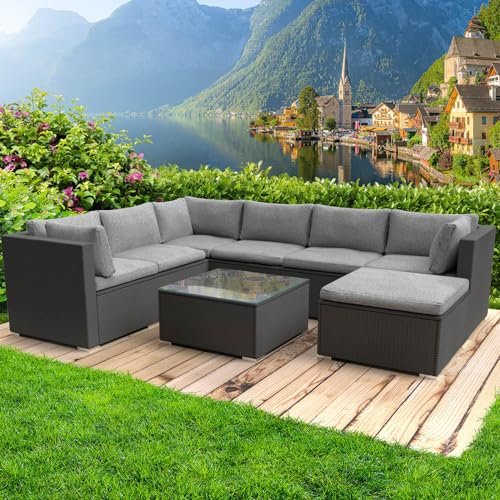 BRAST® Gartenmöbel Lounge Set | 6-7 Personen viele Modelle & Farben | inkl. extra Dicke Kissen | TÜV geprüft | Outdoor Loungemöbel Sitzgruppe Essgruppe Garnitur | Luxus Schwarz