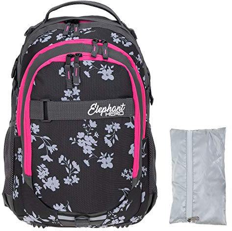Elephant Schulrucksack Hero Signature Rucksack Schultasche Schulmappe Daypack Mädchen mit Regenhülle +r (Grey Flower (Grau/Pink Zip))