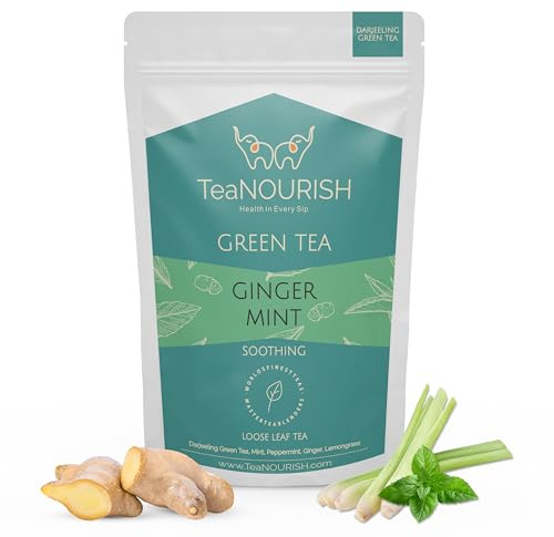 TeaNOURISH Ginger Mint Green Tee | Relaxing & Calming | Premium Darjeeling Loose Leaf | Immune Support Tea for Daily Wellness | 50 Cups Hot Tea or Iced Tee - 3.53oz/100g