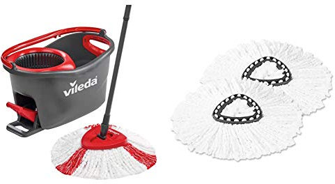 Vileda Turbo Sistema Lavapavimenti Rotante con Manico Telescopico e Fiocco, 55 130 cm, Rosso/Nero & Easy Wring&Clean Teste di ricambio, Pacco da 2