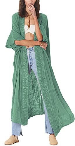 Bsubseach Embroidery Open Front Swimsuit Cover Ups for Women Half Sleeve Bikini Beach Kimono Cardigan Green