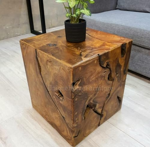 Rustic Side Table Vintage Industrial Style Stool Small Square Plant Lamp Stand Solid Wood Sofa End Coffee Display Unit Room Furniture