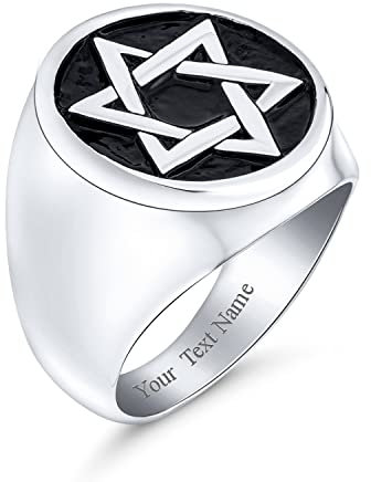 Bling Jewelry Personalisiere Große Religiöse Aussage Magen Judaic Hanukkah Davidstern Bar Mitzvah Runden Siegelring Für Männer Emaille Silber Ton Edelstahl Individuell Graviert
