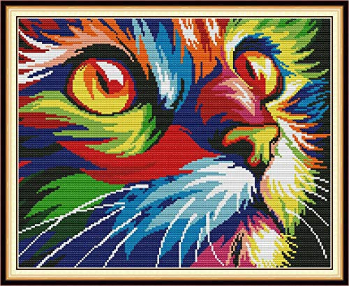 Amiiba Kreuzstich Set Vorgedruckt für Erwachsene Anfänger, bunte Katze 11ct Stickset Stickpackungen