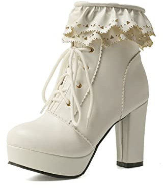 Eogrokerr Steampunk, stivali stile gotico vintage, in pelle, con tacco Louis, con lacci, lunghezza polpaccio, stivali vittoriani, per donne e donne, bianco, 37 EU