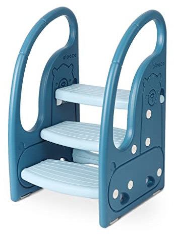 Onasti Taburete Niños, Taburete de 3 Pasos para Bebé, Taburete para niños pequeños, Altura Ajustable, Multifunción y Antideslizante Cocina, Cuarto de Baño (Azul)