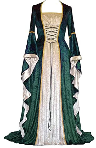 CosCool - Robe rétro médiévale pour femme - À manches trompette - Style victorien, Renaissance, gothique - Costume de carnaval, de princesse - Pour les fêtes, Halloween - Vert - Grandes tailles -