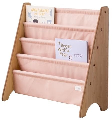 3 Sprouts Recycled Fabric Kids Bookshelf – 4-Tier Sling Book Rack Storage - Kids Room Book Shelves, Nursery, Playroom, Classroom - Bookcase Display Shelf for Toddler, Children Age 3+ - Solid Clay