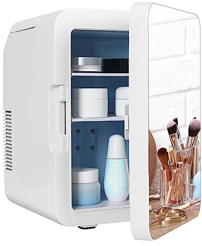 Fullwatt Mini Kühlschrank mit Spiegel 10 Liter mit Kühl- und Heizfunktion Spiegel Tragbare Beauty KüHlschrank, für Auto, camping, Lkw, Büro, 220V Steckdose und 12V USB-Anschluss