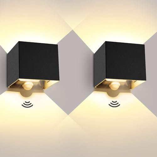 ledmo 2 Stücke 20W Aussenlampe mit Bewegungsmelder, IP65 Wasserdichte Außenwandleuchten, LED 3000K Warmweiß Wandleuchte Innen/Außen, Einstellbarer Lichtstrahl außenlampe mit bewegungsmelder, Schwarz