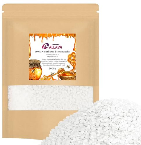 ALLAVA Bienenwachs Pastillen, Kerzenwachs Weiße 2000g, Bienenwachs für Kerzen, Kerzenwachs zum Gießen, Bienenwachs Bio für Kosmetik, Zum Gießen und Herstellen von Kerzen