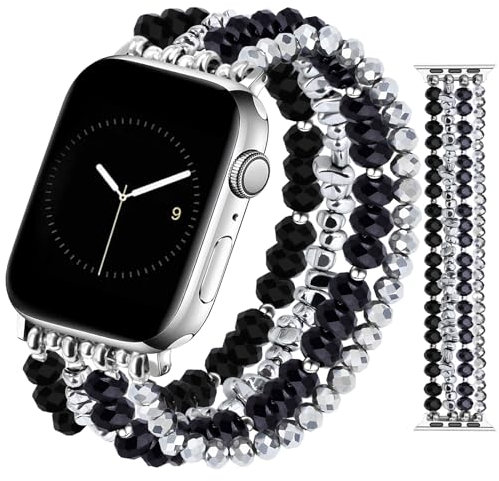 JR.DM Perlen Armband für Damen Kompatibel mit Apple Watch Armband 38mm/40mm/41mm/42mm/44mm/45mm/46mm Glitter Jewelry Elastisch Handgefertigtes Uhrband für Series 10/9/8/7/SE/6/5/4/3/2/1