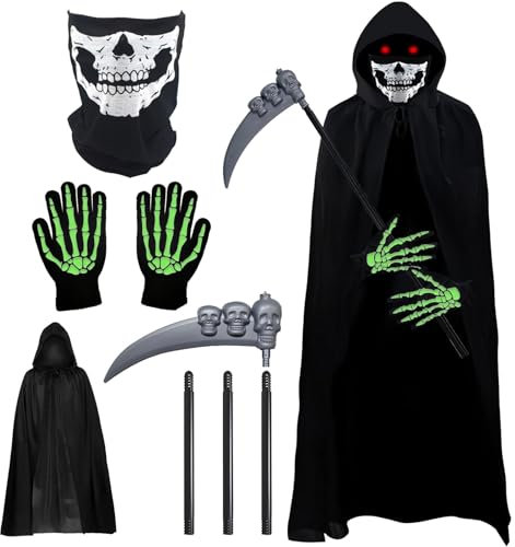 LYNBLY Sensenmann Kostüm, Halloween Kostüm Sensenmann, Sensemann Umhang Set mit Sense, Schädelmaske, Umhang, Handschuhe, Grim Reaper Kostüm für Halloween Cosplay Karneval