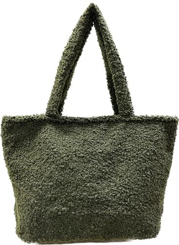 J26 Teddyfell Optik Shopper Tasche Schultertasche Henkeltasche Tote Bag Beutel Vlies (Grün)