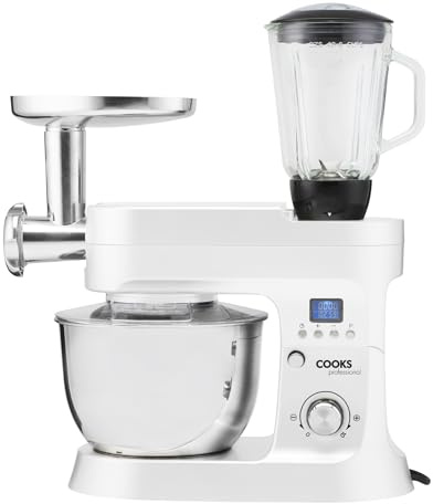 Cooks Professional Stand Mixer & Mincer 1200W | Electric Food Mixer with Pulse Setting | 6.2 Litre Stainless Steel Bowl | Blending Jug, Dough Hook, Whisk, Beater & Splash Guard | White
