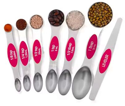 Set of 7 Stainless Steel Magnetic Measuring Spoons Set with Leveler - Stackable Tablespoon Measure Spoon for Baking and Cooking, Kitchen Gadgets for Apartment Essentials (Pink)