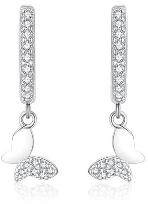 Bewenda Damen Creolen Ohrringe Hängend, 925 Sterling Silber Ohrhänger Mit Zirkonia, Hypoallergen Schmetterling Anhänger, Weißgold Hängeohrringe Für Frauen Mädchen Mutter