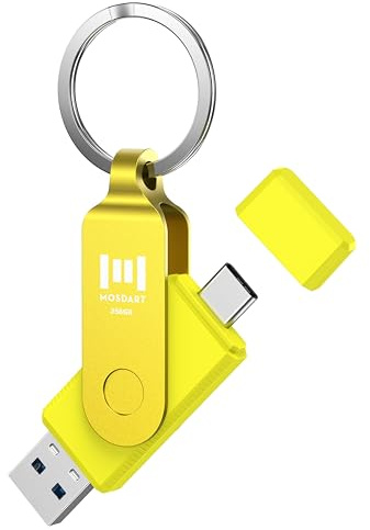 MOSDART 256GB USB C & A 3.2 150MB/s Dual Flash Drive with Keychain, Yellow | Fits Android Phones, iPhone 15, 16, 17, Macbook, iPad, For Photos and Videos, USB-C Port Protection, Phone Case Friendly