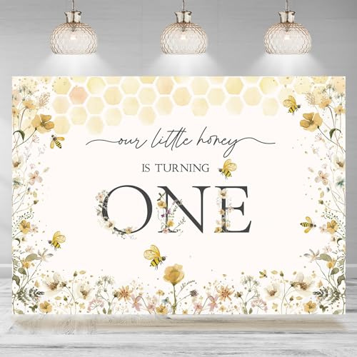Rsuuinu 1st Birthday Backdrop Bee Yellow Floral Our Little Honey is Turning One Photography Background First Bee Day Birthday Party Decoration Supplies Favors Banner Photo Booth Studio Props 7x5ft