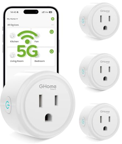 GHome Smart 5G 15A WiFi Smart Plug Compatible with Alexa and Google Home, Outlet Timer Smart Home WiFi Outlet Timer with Remote Control, 5GHz and 2.4GHz Wi-Fi Sockets, ETL FCC Listed, White, 4 Pack