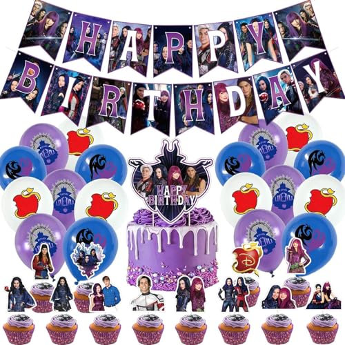 Descen-dants Birthday Decorations, Descen-dants 2 Party Supply Set include Happy Birthday Banner, Cake Topper, Cupcake Toppers, Balloons for Kids Teens Party Decor