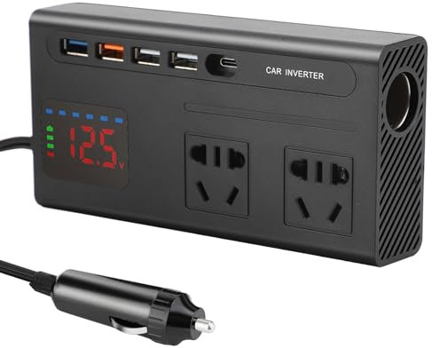 Inversor Convertidor 12v 220v De Corriente Versátil para Coche De 200 W, con Gran Pantalla Digital, Interfaz Tipo C, para Coche, Cámping, Phone,Tablet,Consolas Camper Furgoneta