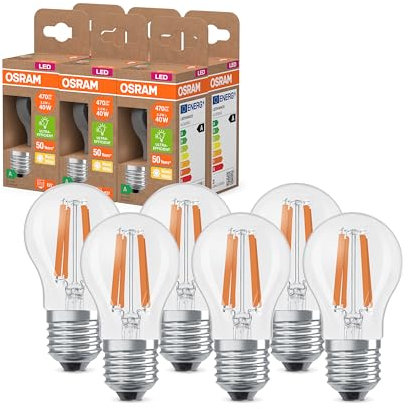 Osram Lampada LED LED Superstar Classic P 40 nella classica forma mini sferica, corpo in vetro trasparente, 2,2 W, 470 lm, E27, luce bianca calda con 2700 K, EEK A, diametro 45 mm, pacco da 6