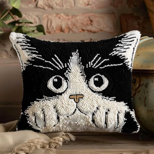 DIY knüpfen set anfänger Schwarz-weiße Katze knüpfkissen mit vordruck Süße Tiere Knüpfhaken-Set für selbstgemachte Dekokissenbezüge，Handarbeits-Kissenbezüge，Handarbeit，Häkeln für die Fa 43x43cm