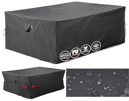 F&J Outdoors Gartenmöbel Abdeckungen Wasserdicht Patio Tisch Abdeckung Cinched Taille Lagerung Abdeckung Winddicht Rechteckig Schutzhülle Heavy Duty Tear Resistant Grau,229x152x84cm