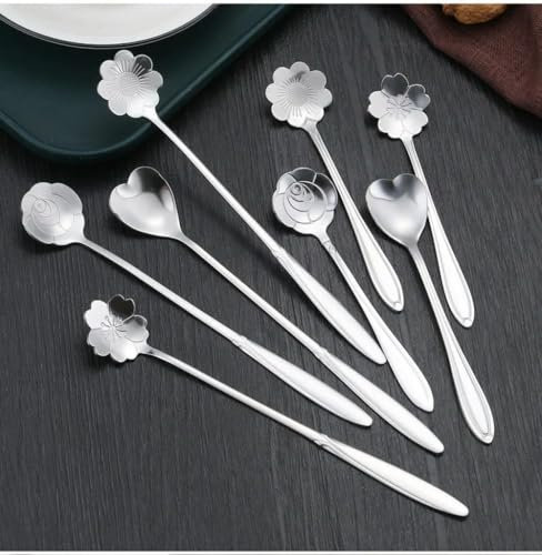 MEIFULLE 8PCS Flower Spoon Set Small Teaspoon Coffee Spoon Cute Ice Cream Dessert Spoon Silver Gold Stainless Steel Spoon For Coffee Tea