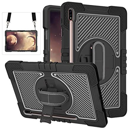 ERDARARIPRO Custodia per tablet Samsung Galaxy Tab S7 Plus/Tab S7 FE, custodia antiurto con supporto girevole a 360° e cinturino da polso, tracolla completamente nera