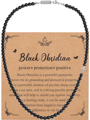 Zysta Herren Halskette Obsidian Edelstein Kette 6mm Perlenkette Kristallkette Kreuz Kette Heilsteine Schmuck für Männer Frauen (Obsidian)
