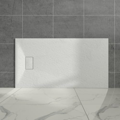 Aquariss White Rectangular Shower Tray Slate Effect SMC Slip-Resistant Shower Base for Bathroom Enclosures 1600x800mm with Waste