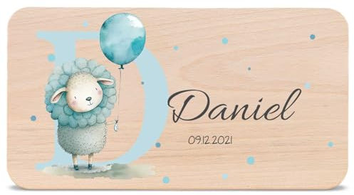 GRAVURZEILE - Bedrucktes Frühstücksbrettchen aus Holz - Initial - Personalisiert mit Namen - Lebensmittelechter umweltfreundlich zertifizierter Druck (GreenGuard Gold) - Farbe: Schaf