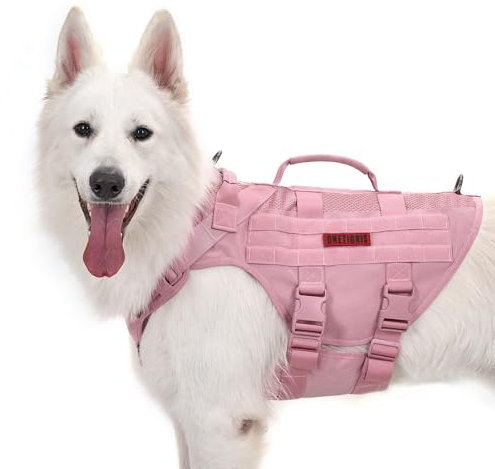 OneTigris Hundegeschirr Grosse Hunde, AIRE MESH Taktisches Anti Zug Geschirr mit 2 Griff Verstellbar Brustgeschirr No Pull Dog Harness Atmungsaktiv Rosa XL