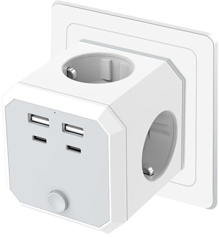 Steckdosenleiste mit USB, 8-in-1 Steckdosenwürfel mit Schalter, 4 Steckdosen 4000W/16A, 2 USB-A 5V/2.4A, 2 USB-C 5V/3A, Platzsparender Mehrfachsteckdose ohne Kabel für Zuhause Büro