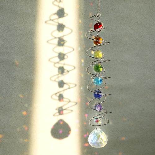 Tyqour Kristall Sonnenfänger Dekorativer Kristall Windspiel, Bunt Hängender Sonnenfänger mit Doppelspirale, Windspiel Sonnen Mond Suncatcher für Fenster Haus Garten Party Hochzeit Dekoration